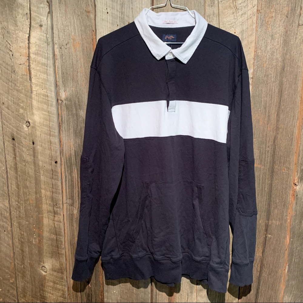 Good Man Brand Black Rugby Chest Striped Light Sweater With Front Pouch
